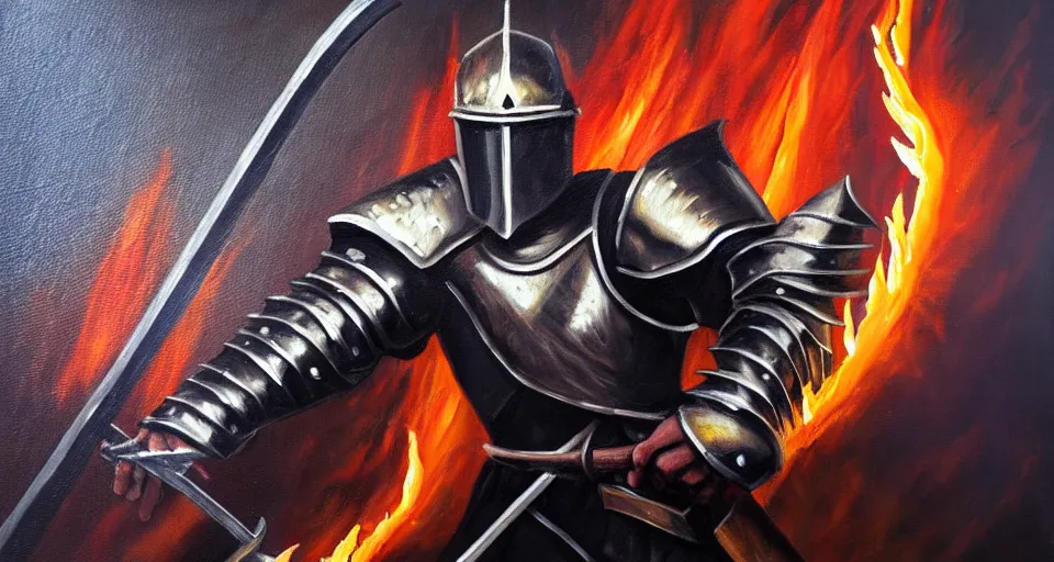 Image similar to An oil painting of a knight in dark metal armor wielding a flaming sword