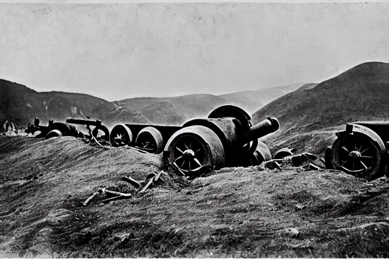 Prompt: ww 1 artillery pieces entrenched with a beautiful background of hills and mountains, black and white photography, 1 9 0 5