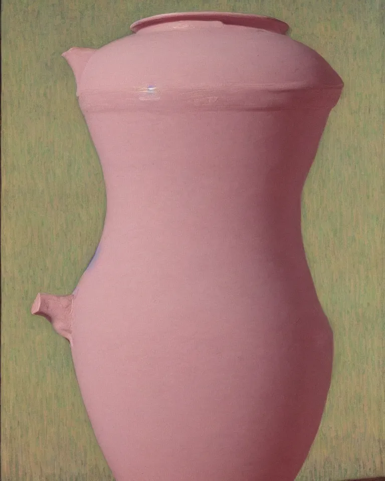Prompt: achingly beautiful print of intricately painted ancient greek amphora on a pink pastel background by rene magritte, monet, and turner.