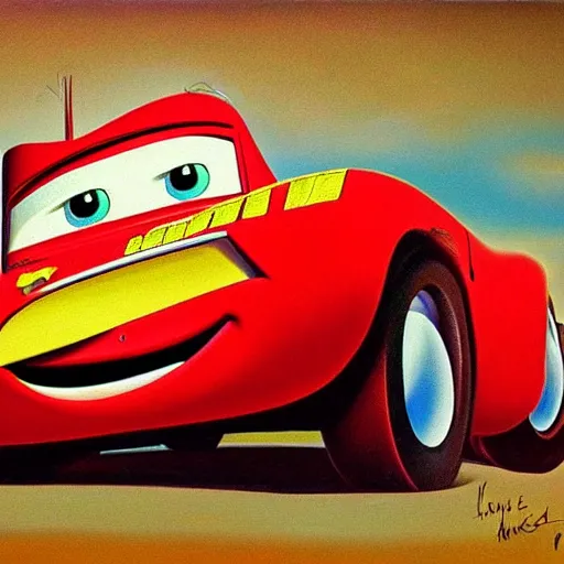 Prompt: a surrealist painting of lightning McQueen