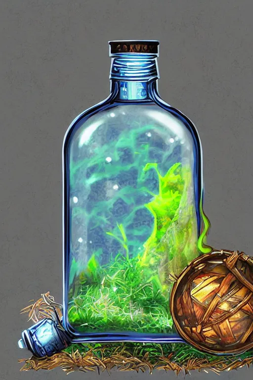 Image similar to a fantasy styled trash inside a terrarium bottle , digital art