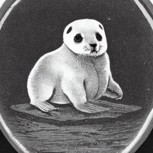 Prompt: an elvin stone engraving of a baby harp seal demigod, museum photo