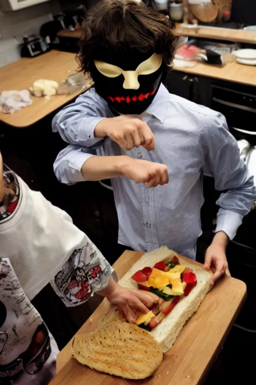 Prompt: a schoolboy in a mask v for vendetta makes sandwiches on the kitchen table