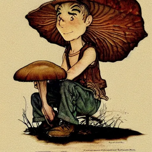 Image similar to lonely mushroom makes a friend, george kamitani, norman rockwell, dean cornwell, storybook illustration, arthur rackham, Artstation, Hyperdetailed, stylized, cel shading