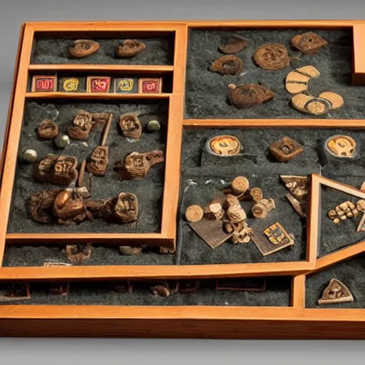 Prompt: ancient board game pieces & tokens recovered from a sumerian archaeological site, auctioned at christie's