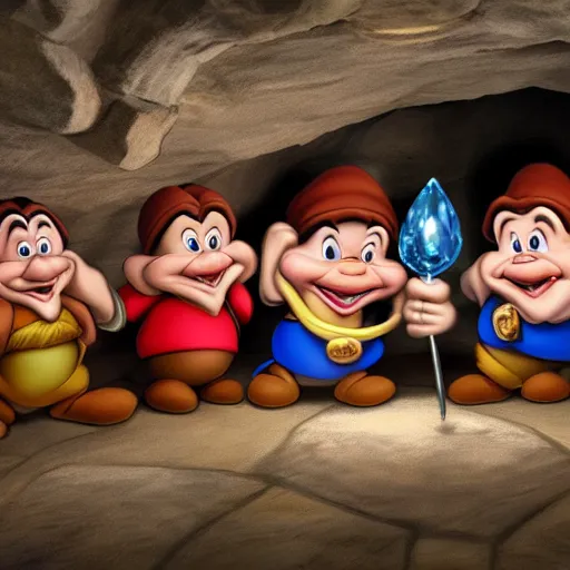 Image similar to seven dwarves mining for gems in the cave