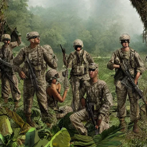 Prompt: an army of american soldiers wearing camouflage standing in the ruins of a destroyed monastery, they are in a jungle with vines everywhere, painting, artstationhq