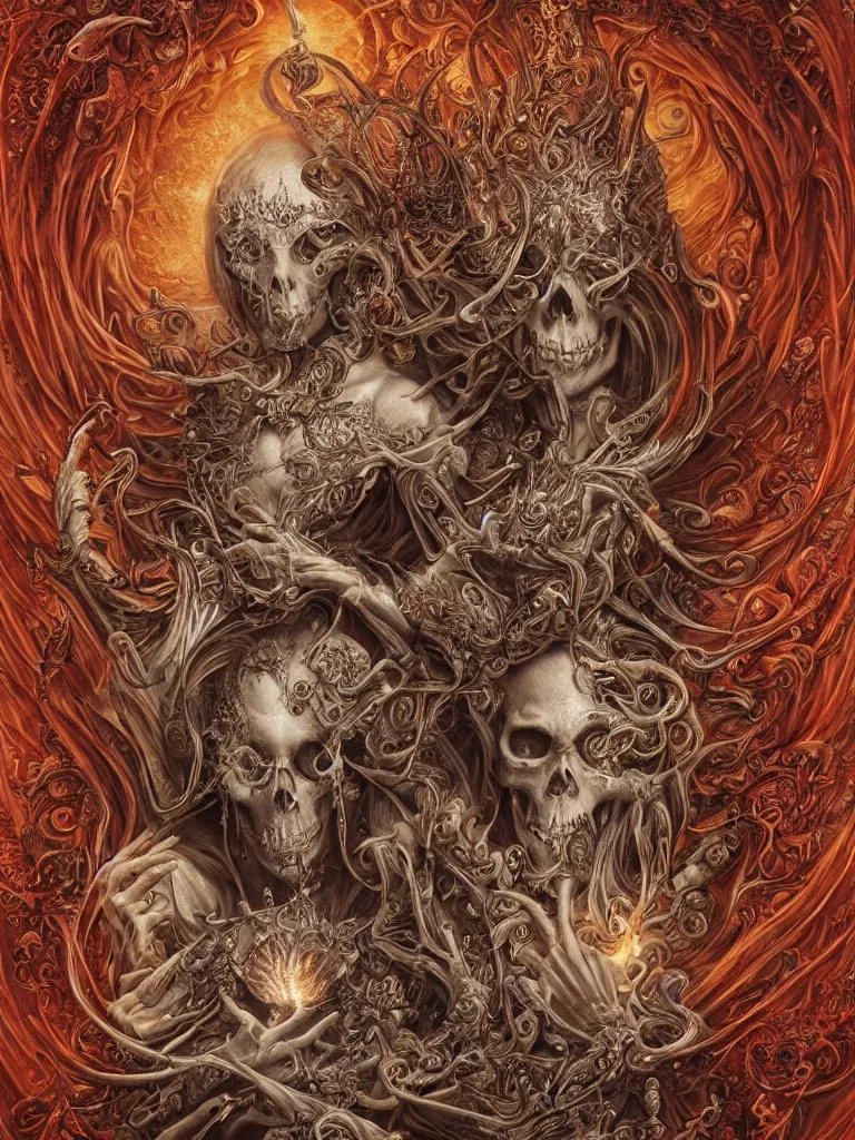 Image similar to A beautiful detailed orixa, tarot card, by tomasz alen kopera and Justin Gerard, symmetrical features, ominous, magical realism, texture, intricate, ornate, royally decorated, skull, skeleton, whirling smoke, embers, red adornements, red torn fabric, radiant colors, fantasy, trending on artstation, volumetric lighting, micro details, 3d sculpture, ray tracing, 8k, anaglyph effect