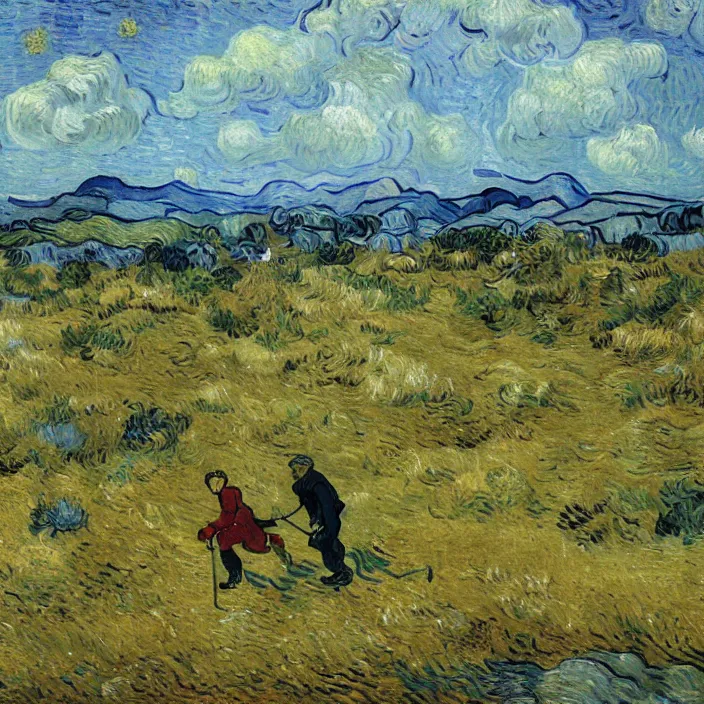 Image similar to adult man and woman playing on the open moorland, painting by van gogh