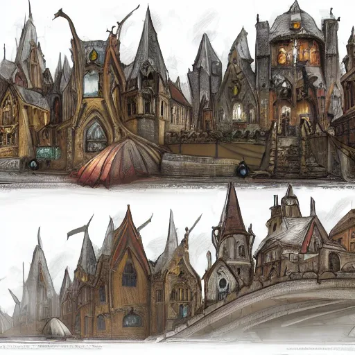 Prompt: a medieval fantasy city run by anthropomorphic dogs, concept art, beautiful sketch, 4 k, highly detailed, unreal engine