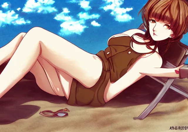 Image similar to A girl with short brown hair, wearing a white blouse, laying on a beach chair, drawn by WLOP, by Avetetsuya Studios, attractive character, colored sketch anime manga panel, trending on Artstation