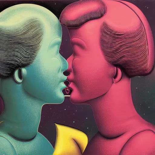 Image similar to portrait of two astro grils in tight latex suit kissing each other by Andy warhol and Petros Afshar and Beeple, Edward Hopper and James Gilleard, Zdzislaw Beksinski, Mark Ryden, Wolfgang Lettl highly detailed