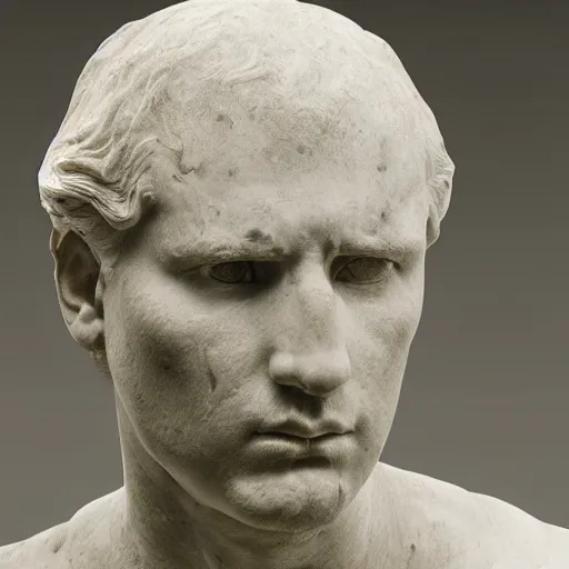 Image similar to ” marble bust of a man in despair, [ facial expression, emotion, face, photoreal, ultra detail, intricate, masterpiece, dslr, museum ] ”