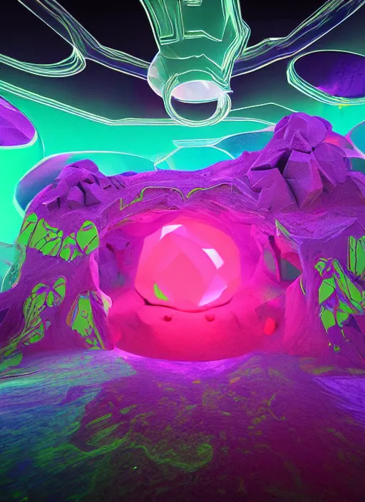 Image similar to : hyperbolic color abstract glossty shapes immersive experience meowwolf dalle2 macro lens 3d render unity unrealengine octane