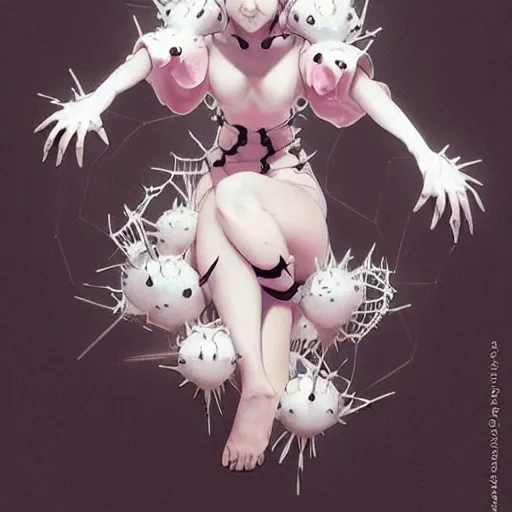 Image similar to Kumoko, a White and black patterened spider with pink eyes and spikes on it's back, CGI, anime, Kumo Desu ga Nani ka?, digital 3D drawing, sharp focus, concept-art, art by artgerm and greg rutkowski and alphonse mucha