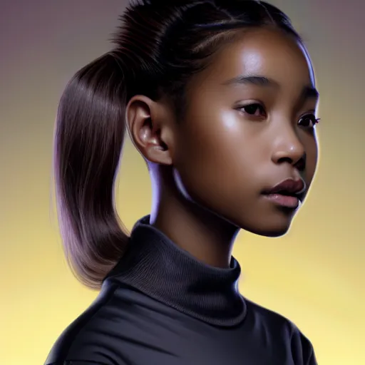 Image similar to a photorealistic hyperrealistic, bright brown eyes, light skinned african young girl, ponytail hair, flawless face, asian eyes, cute face, black turtle neck shirt, by wlop, artgerm, greg rutwoski, alphonse mucha, beautiful dynamic dramatic low - light moody lighting, cinematic atmosphere, artstation, concept design art, octane render, 8 k