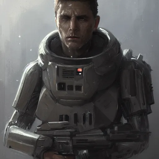 Image similar to portrait of a man by greg rutkowski, a soldier of the galactic federation wearing a gray and black tactical gear, star wars expanded universe, highly detailed portrait, digital painting, artstation, concept art, smooth, sharp foccus ilustration, artstation hq