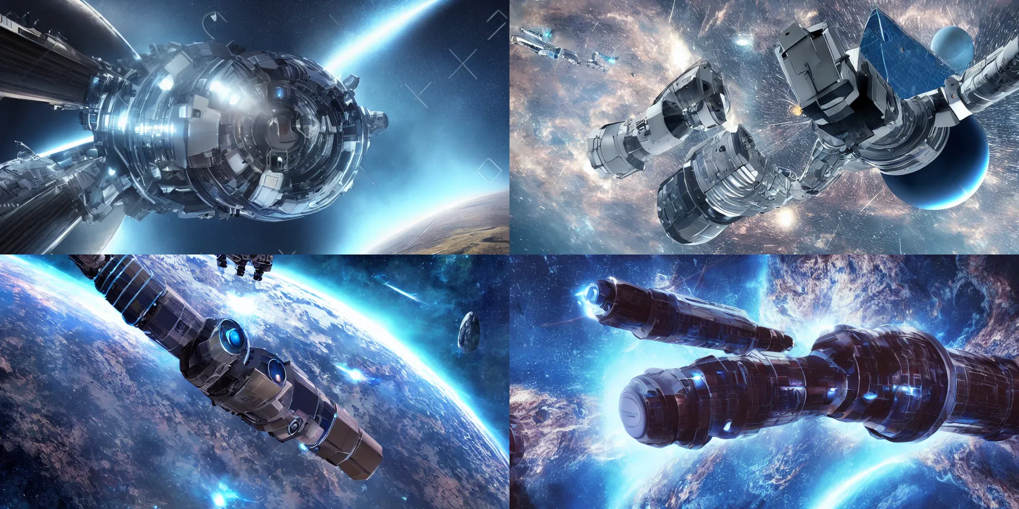 Prompt: A futuristic low orbit ion-cannon set up in the orbit of planet earth, close up shot, epic, cinematic, awe, in style of Steve Argyle