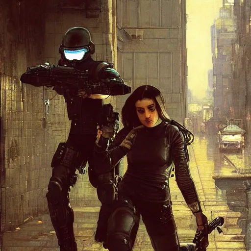 Prompt: Maria evades sgt rhodes. Cyberpunk hacker escaping Menacing Cyberpunk police trooper wearing a combat vest. Rainy streets (dystopian, police state, Cyberpunk 2077, bladerunner 2049). Iranian orientalist portrait by john william waterhouse and Edwin Longsden Long and Theodore Ralli and Nasreddine Dinet, oil on canvas. Cinematic, vivid colors, hyper realism, realistic proportions, dramatic lighting, high detail 4k