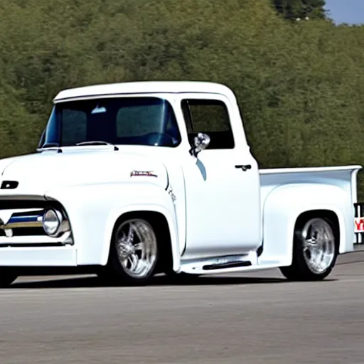 Prompt: a 1 9 5 6 ford f - 1 0 0 custom cab driving on a racetrack