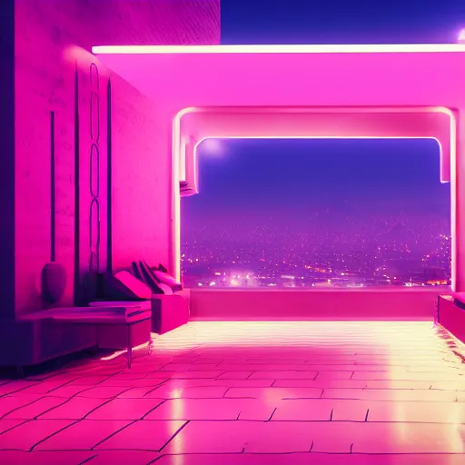 Image similar to synthwave art of peykan, tehran, octane render, pink neon lights