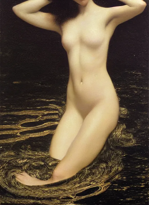 Prompt: highly detailed oil painting | very intricate | cinematic lighting | black, white and gold color scheme, dark background | a woman in lake ; water spirit ; slavic mythology | by roberto ferri, by gustav moreau, by singer sargent and gustav klimt, american romanticism, occult art | by austin osman spare, artstation, cgsociety, official art, octane