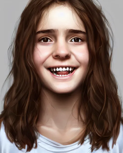 Image similar to close up portrait of 1 5 - year - old girl, smile with large front teeth, hermione granger, very bushy brown hair, and very bright brown eyes, wearing white shirt, hyper realistic face, beautiful eyes, character art, art by mark brooks, hyperdetailed, cryengine, trending on artstation, digital art