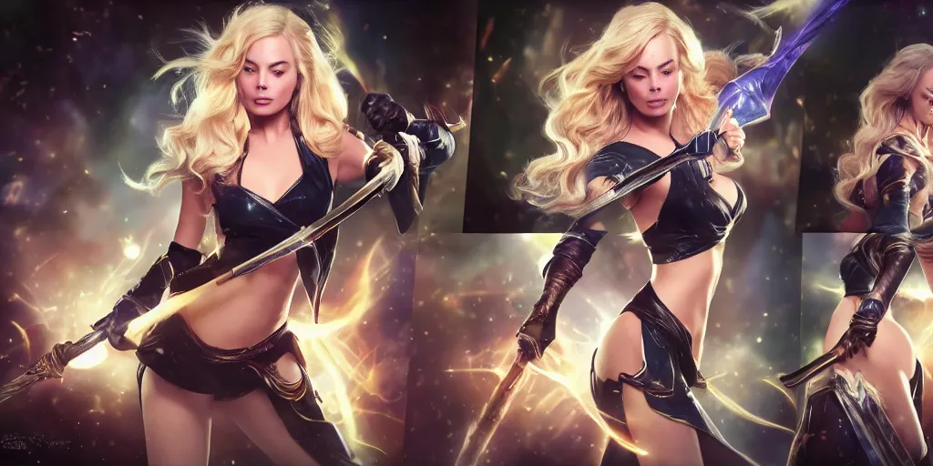 Image similar to hyper realistic action shots of Lux (League of Legends) played by Margot Robbie, using a magical staff, multiple angles. 4k, IMAX, sigma, cinematic, lute