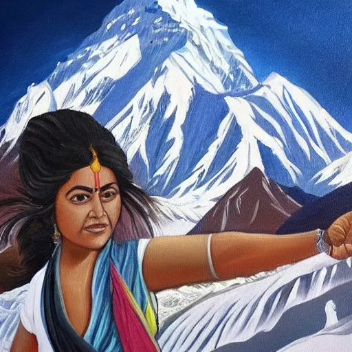 Prompt: Painting of an Indian actress in Mount Everest