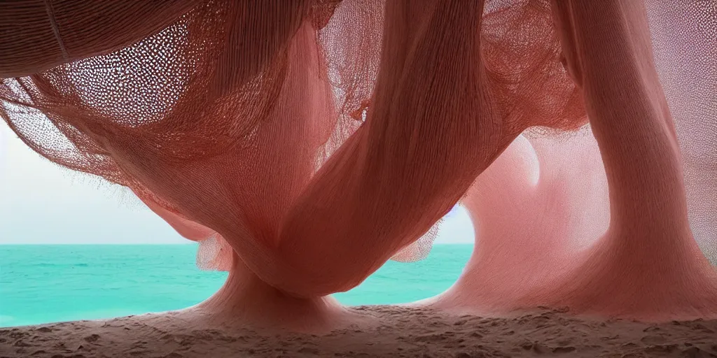 Image similar to soft biomorphic structures out of stocking - like material and nets that fills with various objects like spices, sand and shells by ernesto neto, dusty pink with light - mint color, film still from the movie directed by denis villeneuve with art direction by zdzisław beksinski, telephoto lens, shallow depth of field