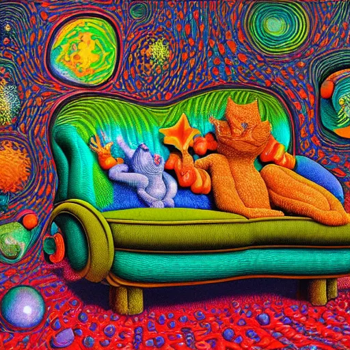 Image similar to psychedelic couch sofa in the lush forest, milky way, designed by moebius, rob gonsalves, gustav dore, giuseppe arcimboldo and carl barks, louis wain, trending on artstation, mediterranean, star, sharp focus, colorful refracted sparkles and lines, soft light, 8 k 4 k