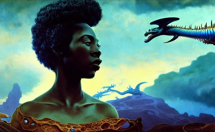 Prompt: realistic detailed photorealistic film close up portrait shot of a beautiful black woman, sci-fi landscape with a dragon on background by Denis Villeneuve, Amano, Yves Tanguy, Alphonse Mucha, Ernst Haeckel, Andrei Tarkovsky, Edward Robert Hughes, Roger Dean, rich moody colours, wide angle, blue eyes