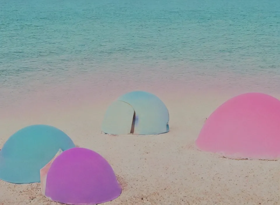 Image similar to a pastel coloured vintage family holiday photo of an empty beach from an alien dreamstate world with chalky pink iridescent!! sand, reflective lavender ocean water, dim bioluminescent plant life and an igloo shaped shiny plastic transparent festival tent. glare. refraction, volumetric light.