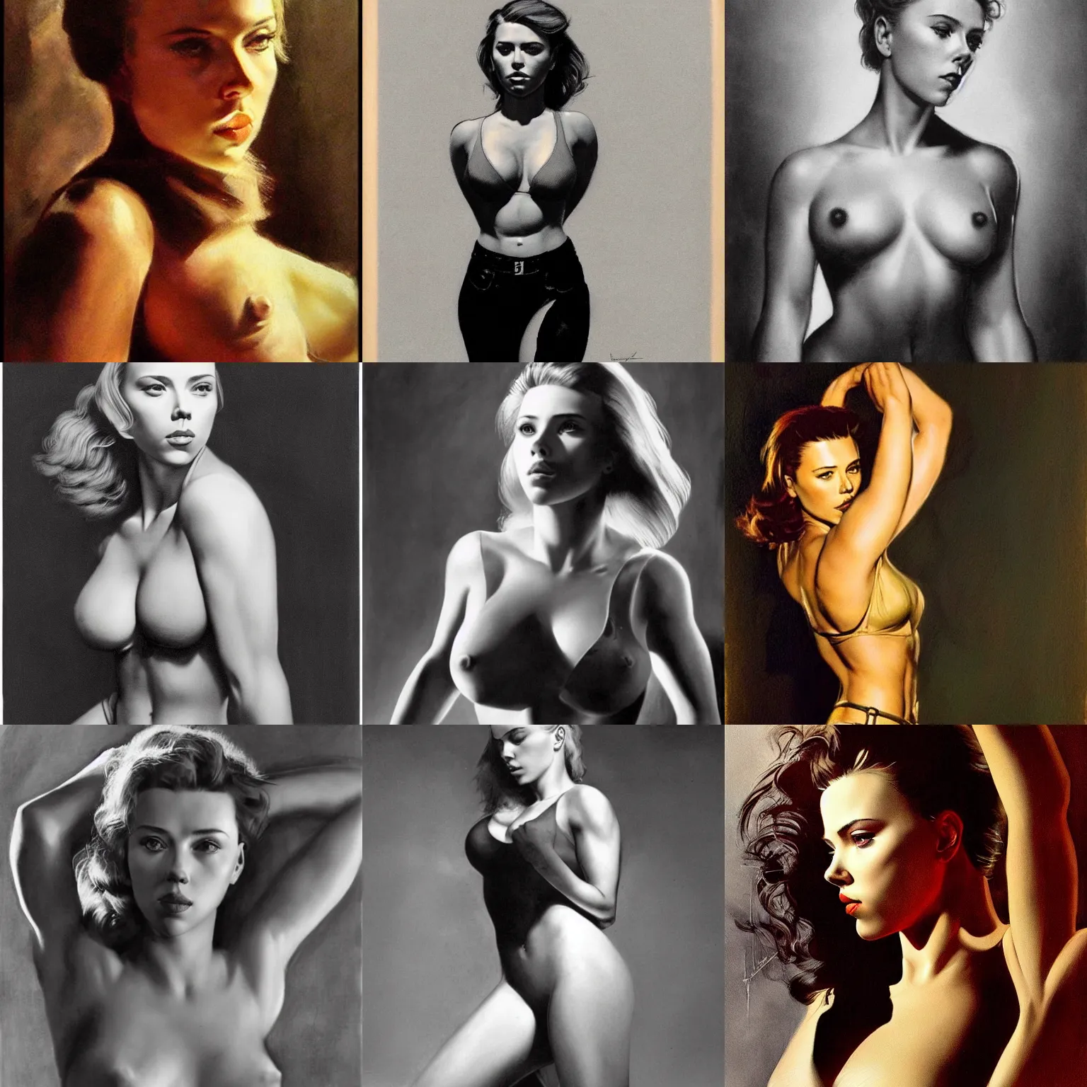 Prompt: frank frazetta portrait of scarlett johansson as a body builer, whole body, realistic, photo real, smooth, sharp, intricate detail, dramatic lighting