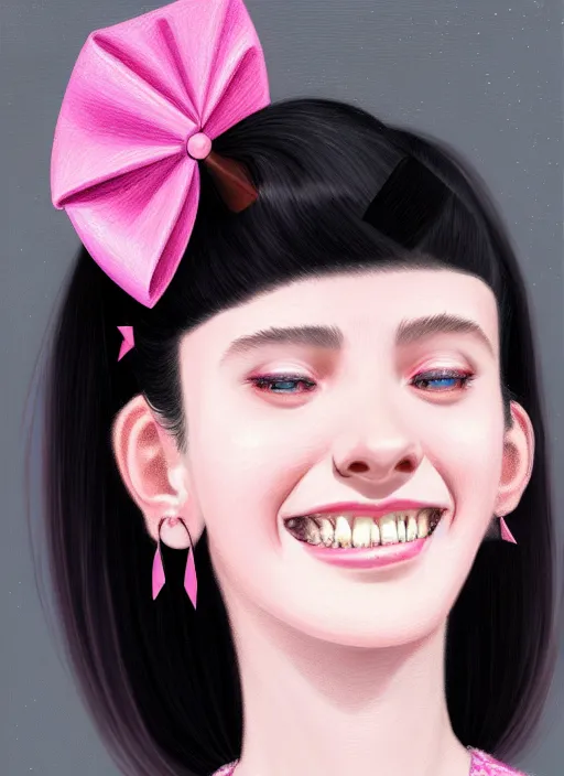 Image similar to portrait of high school girl, realistic, black hair, bangs, half updo hairstyle, pointy nose, skinny, smile, ugly, defined jawline, big chin, pink hair bow, earrings, intricate, elegant, glowing lights, highly detailed, digital painting, artstation, sharp focus, illustration, art by wlop, mars ravelo and greg rutkowski