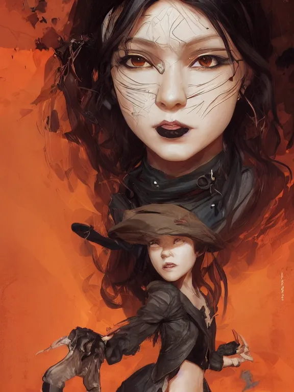 Image similar to Full shot of a mischievous young witch about to get up to some trouble. Latin American fashion. Black and Orange palette. Latina girl. brown skin. Symmetrical facial features. By Ruan Jia and Artgerm and Range Murata and WLOP. Key Art. Fantasy Illustration. award winning, Artstation, intricate details, realistic, Hyperdetailed, 8k resolution.