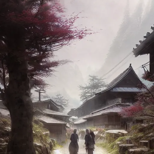 Prompt: walking around rural shirakawa - go, gifu, japan. volumetric lighting, spring late morning, nice slight overcast weather, realistic illustration, perfectly shaded, soft painting, art by krenz cushart and wenjun lin