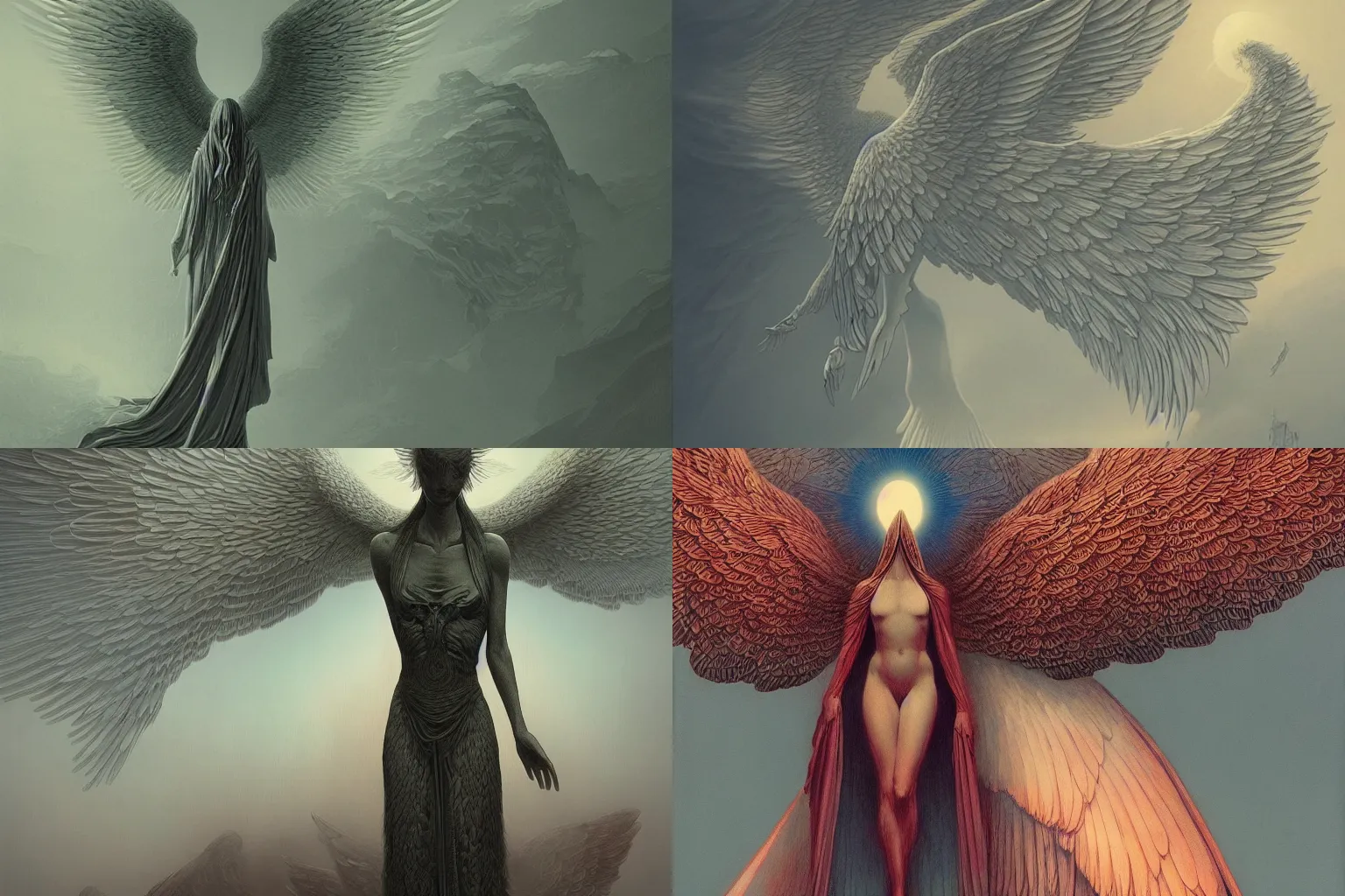 Prompt: concept art of an angelic figure with beautiful wings by kilian eng and zdzisław Beksiński, very detailed, symmetry, 4k, gritty, atmospheric, cinematic