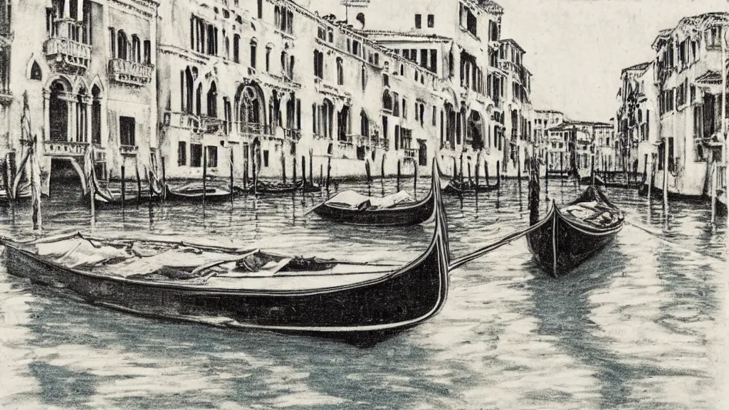 Prompt: a boat on venice canal. intaglio art sample.