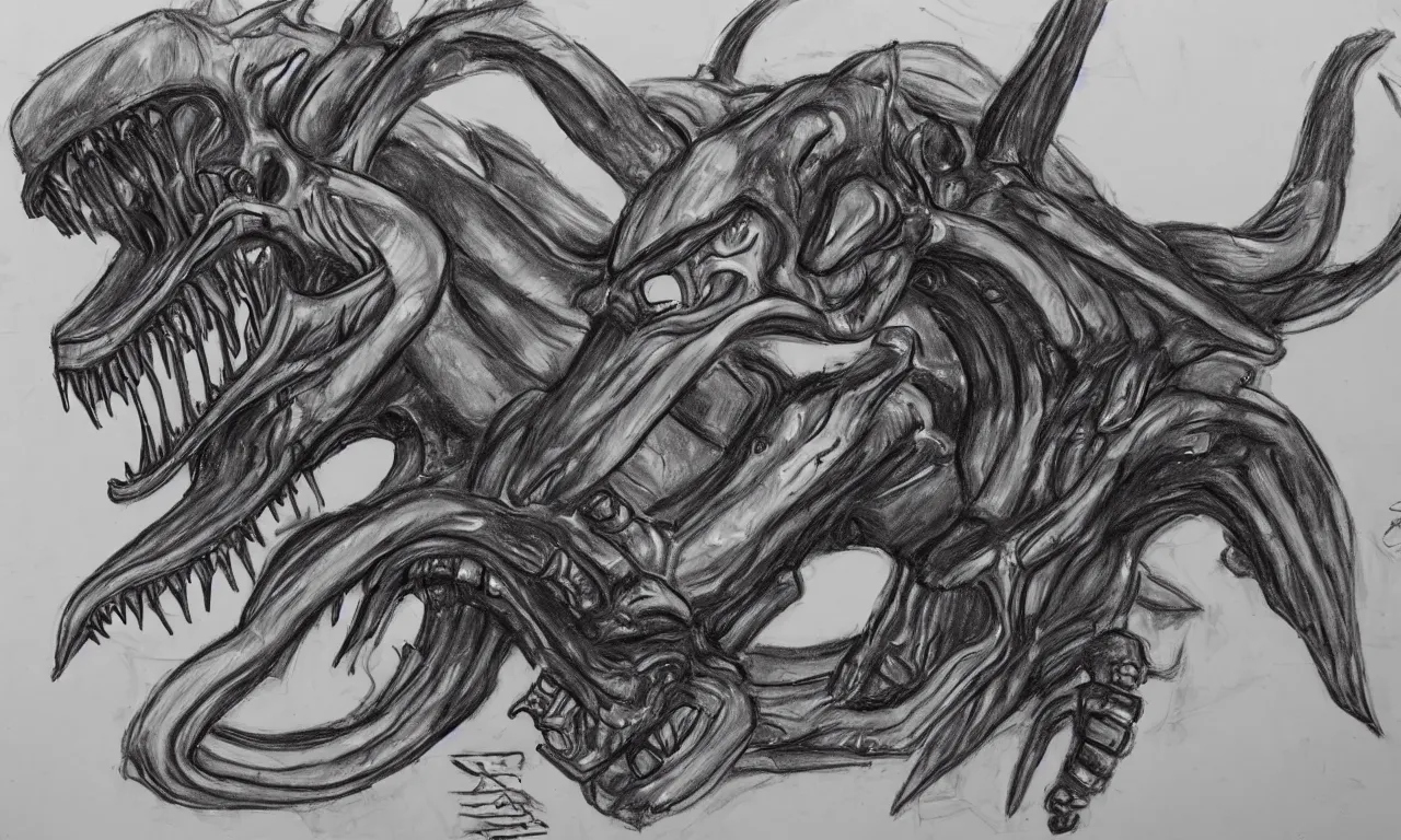 Image similar to a bad distorted rough kindergarden - sketch of one xenomorph drawn by a 4 year old kid