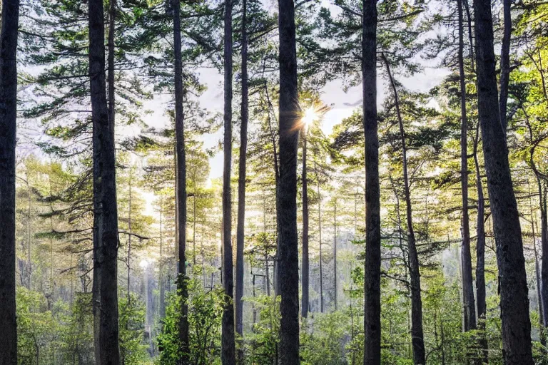 Image similar to beautiful swedish forest view, highly detailed, intricate, soft lighting, very wide shot