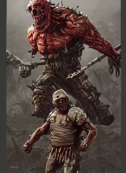 Image similar to poster!! scary new enemy for 7 days to die, monster concept art, action pose, illustration, full body armor, steel plating, huge weapon, super powers, athletic, symmetry, intricate design, shiny, highly detailed, hd, dramatic lighting, wide angle view, art by artgerm and greg rutkowski