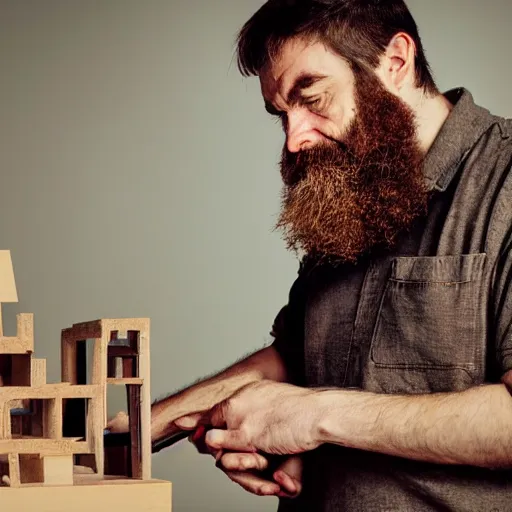 Prompt: bearded man building something, profile, dramatic, surreal