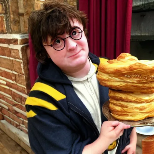 Prompt: overweight Harry Potter eating hufflepuff pastry