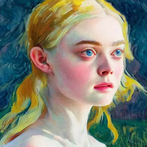 Image similar to professional painting of Elle Fanning in the style of Joaquin Sorolla, head and shoulders portrait, symmetrical facial features, smooth, sharp focus, illustration, intricate, stormy weather, extremely detailed masterpiece,