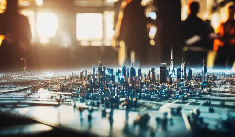 Prompt: large group people in a frame warehouse, looking at hologram of futuristic city on a table, cinematic concept art, godrays, golden hour, natural sunlight, 4 k, clear details, tabletop model buildings, center tabletop model, hologram center, crane shot, crane shot, crane shot