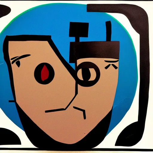 Image similar to abstract portrait of thomas the train, in the style of herbert bayer