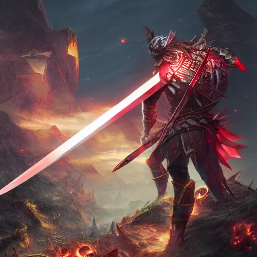 Image similar to red sword and battleaxe crossed gameicon, powerful fantasy epic legends, game icon stylized, digital illustration radiating, a glowing aura, global illumination, ray tracing, 8 k high definition, intricate details, octane render, unreal engine, trending on arstation