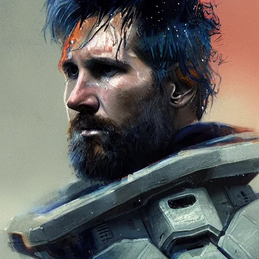 Image similar to portrait of lionel messi by greg rutkowski, mech suit, messy blond hair, beard, tall and muscular, star wars expanded universe, he is about 3 0 years old, wearing a flying jacket, distrustful and arrogant, highly detailed portrait, digital painting, artstation, concept art, smooth, sharp foccus ilustration, artstation hq