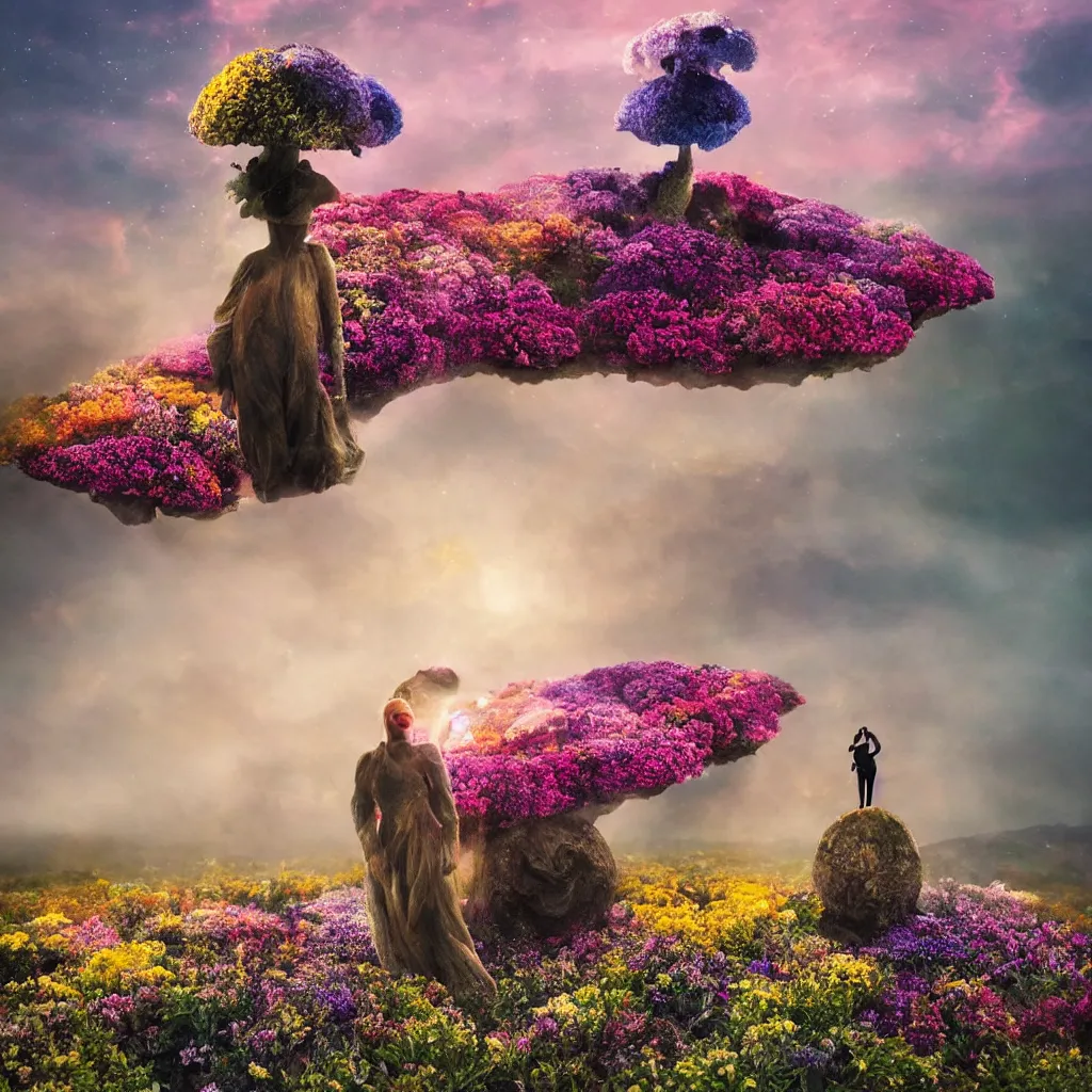 Image similar to a planet of various flowers, fungus and plants, in which the human figure is dressed in something magical and impressive, inside the picture is infinity, sunset light, Atmospheric phenomenon, artistic photography, muted colors, conceptual, long exposure outside the city